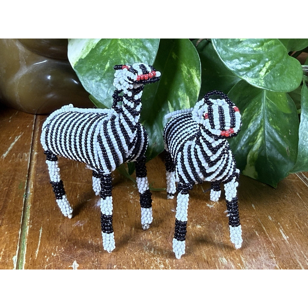 MonkeyBiz Handmade Beaded Zebra Pair Set of 2 African Seed Bead Figurines